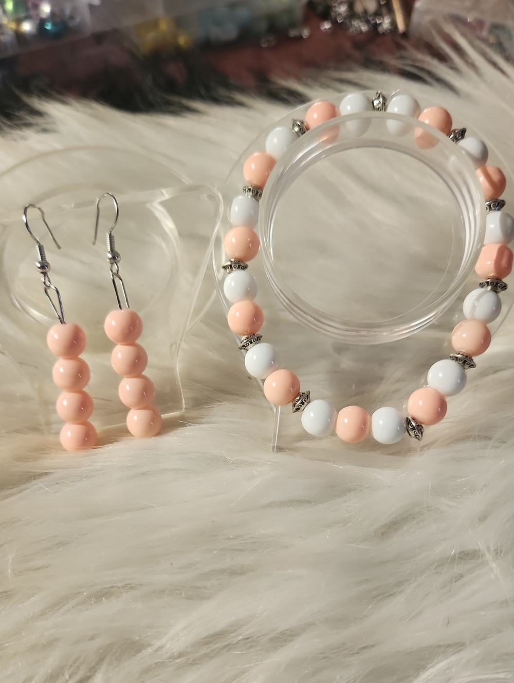 Hand Crafted Peach and White Beaded Drop Earrings